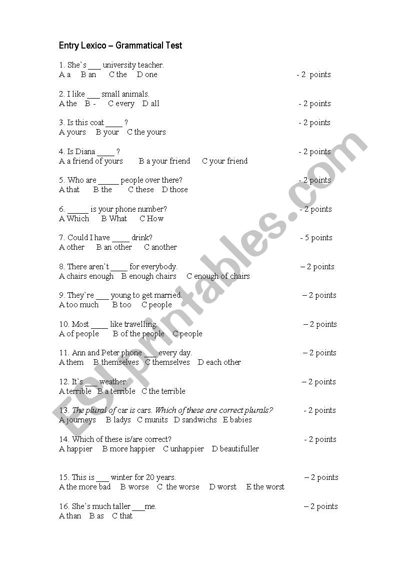 Entry Lexis-Grammar Test worksheet