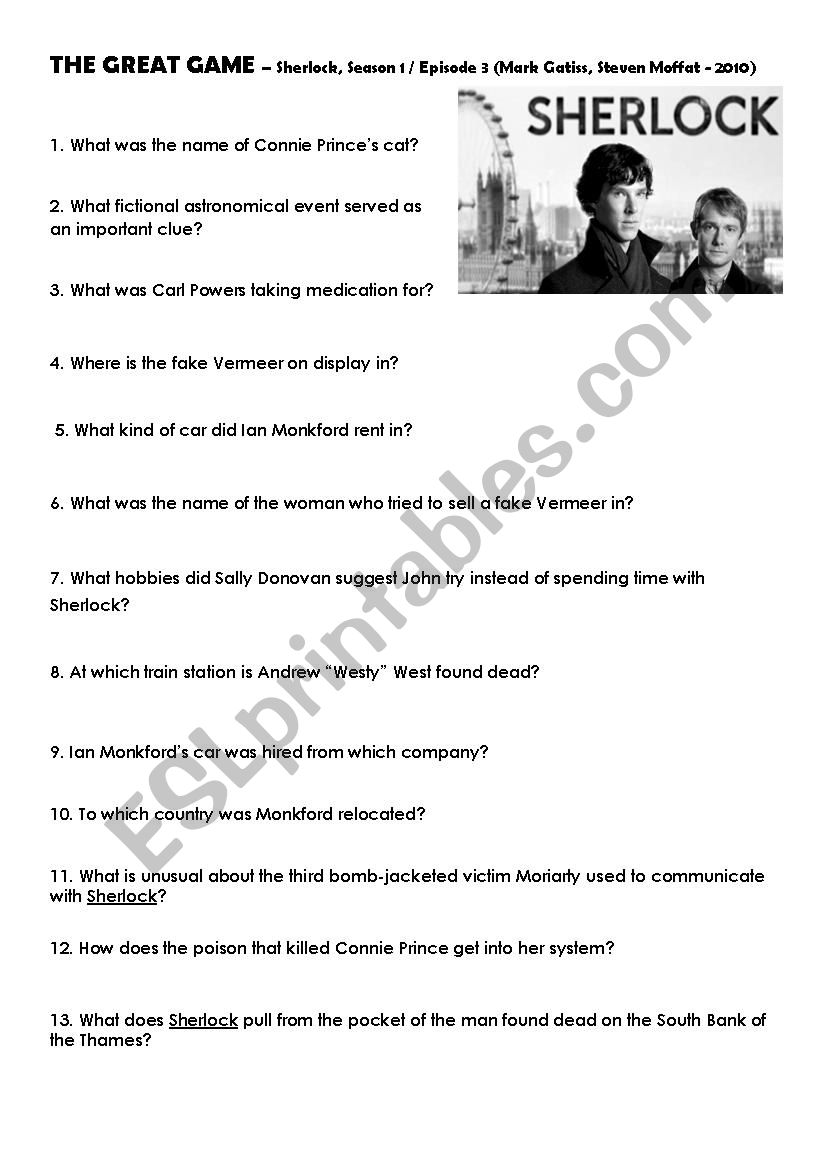 Sherlock tv series 1x3 The great game worksheet