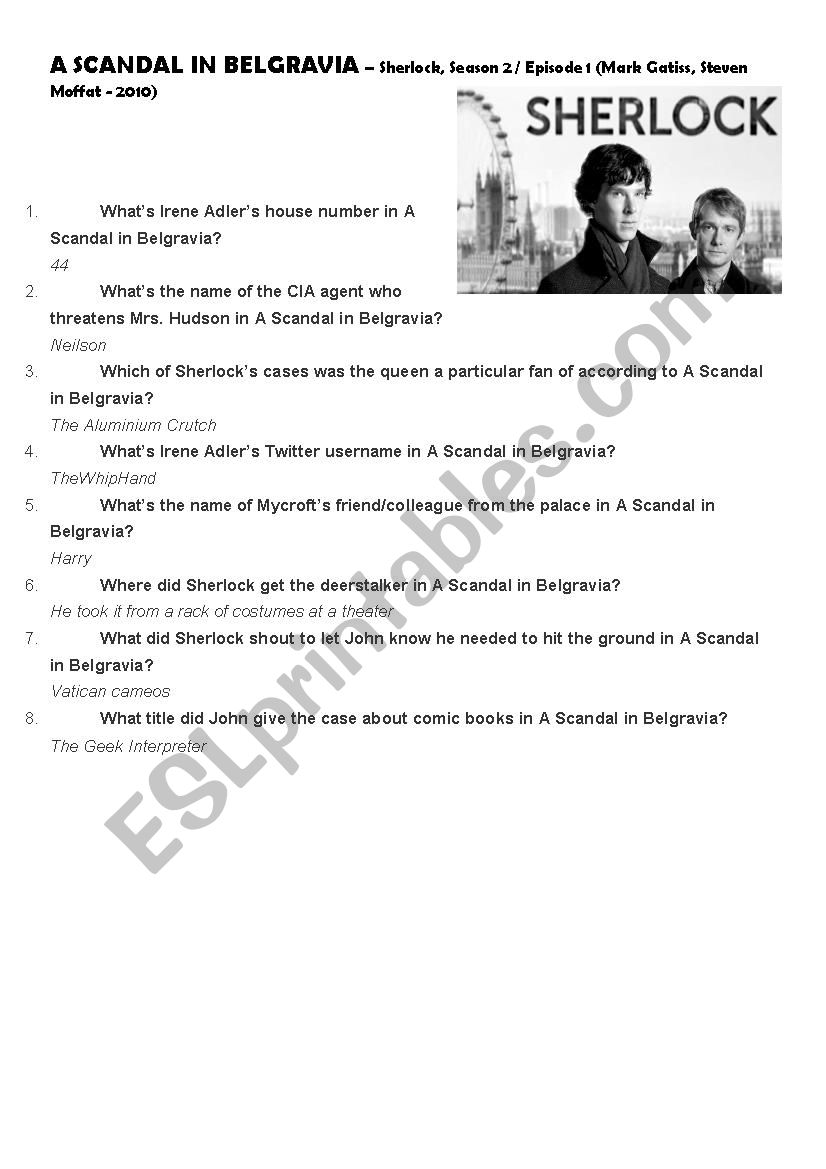 Sherlock tv series 2x1 A scandal in Belgravia worksheet and answer key