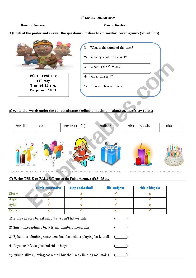 5th grade Second term exam worksheet