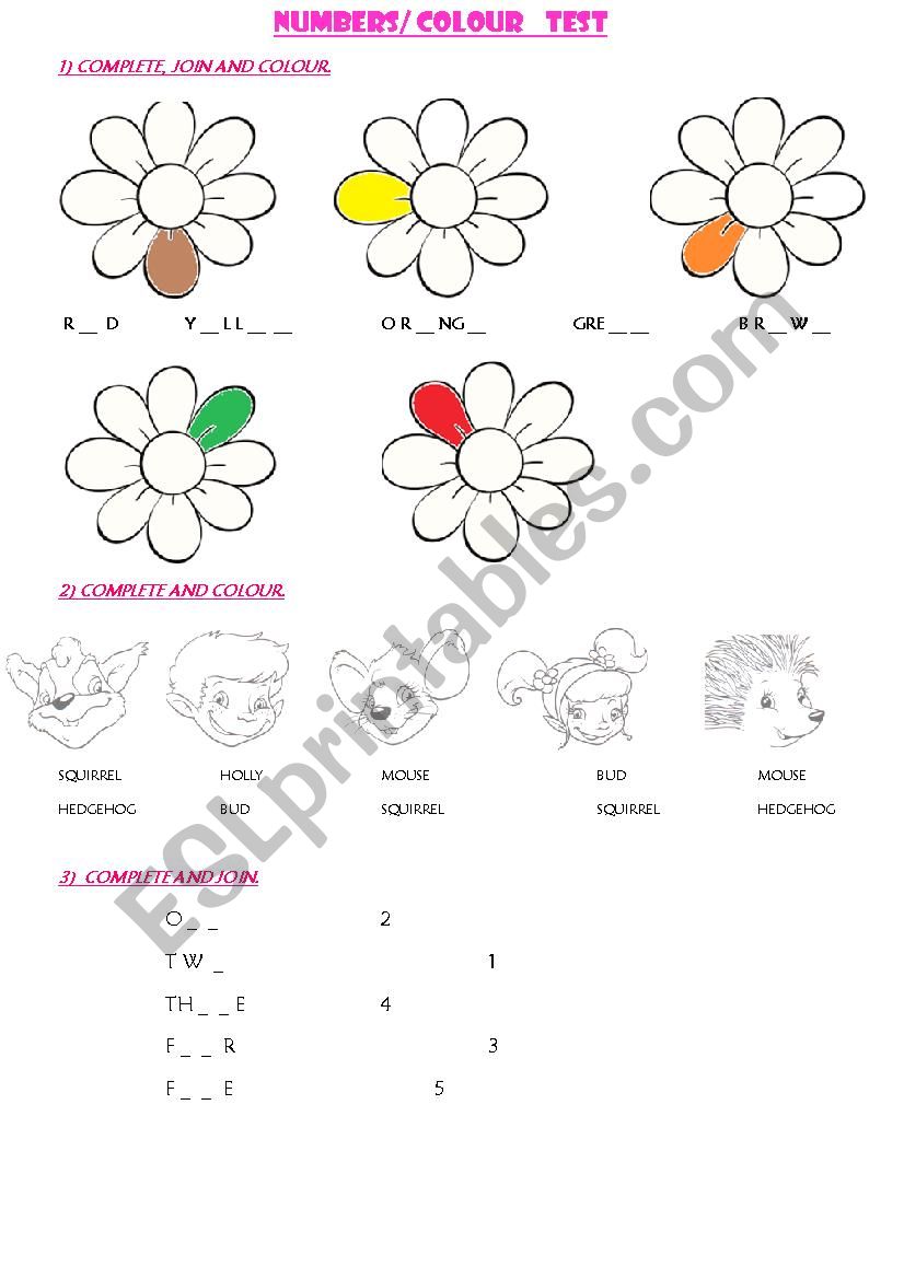 test numbers and colours worksheet