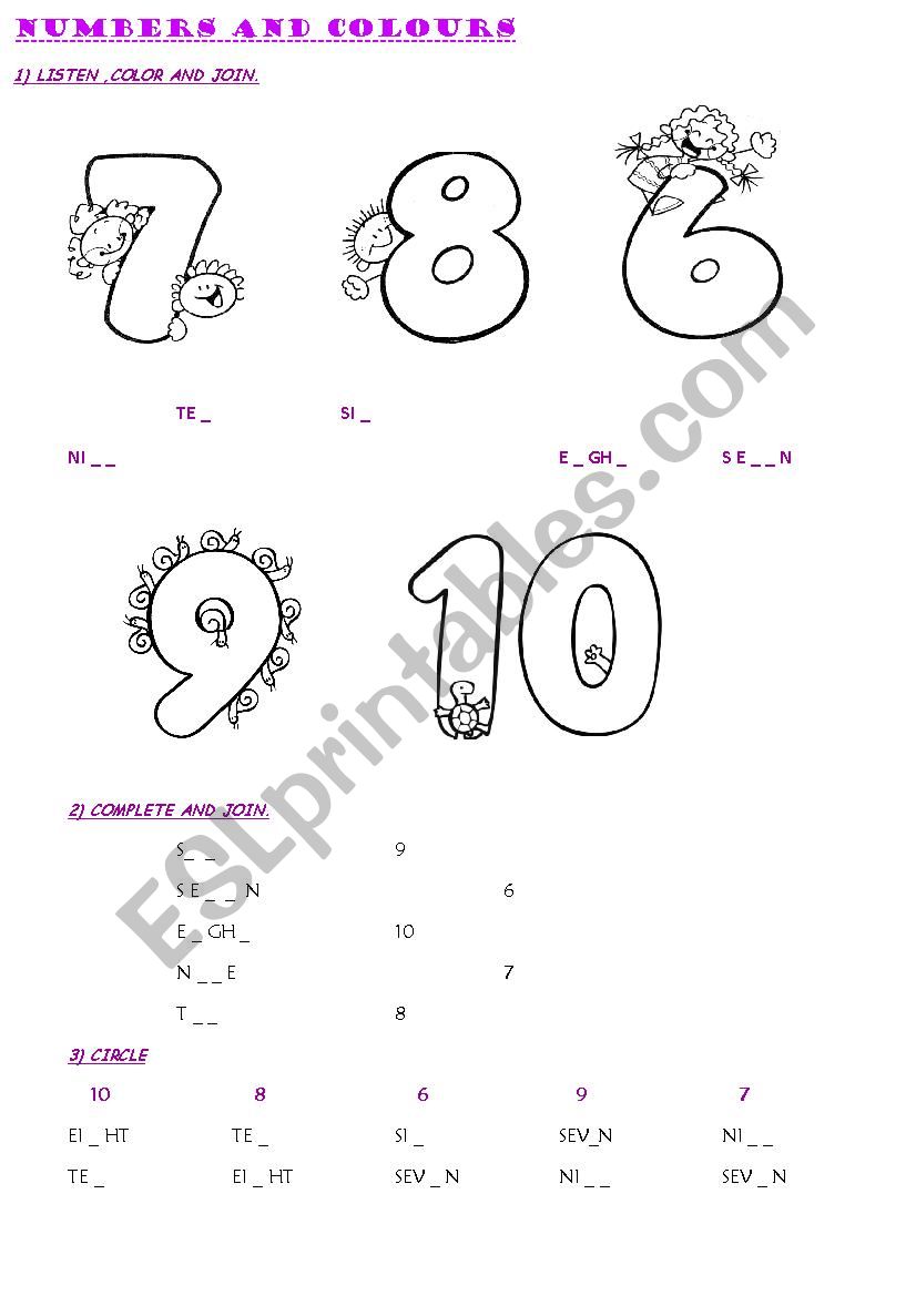 Test numbers and colours 2 worksheet