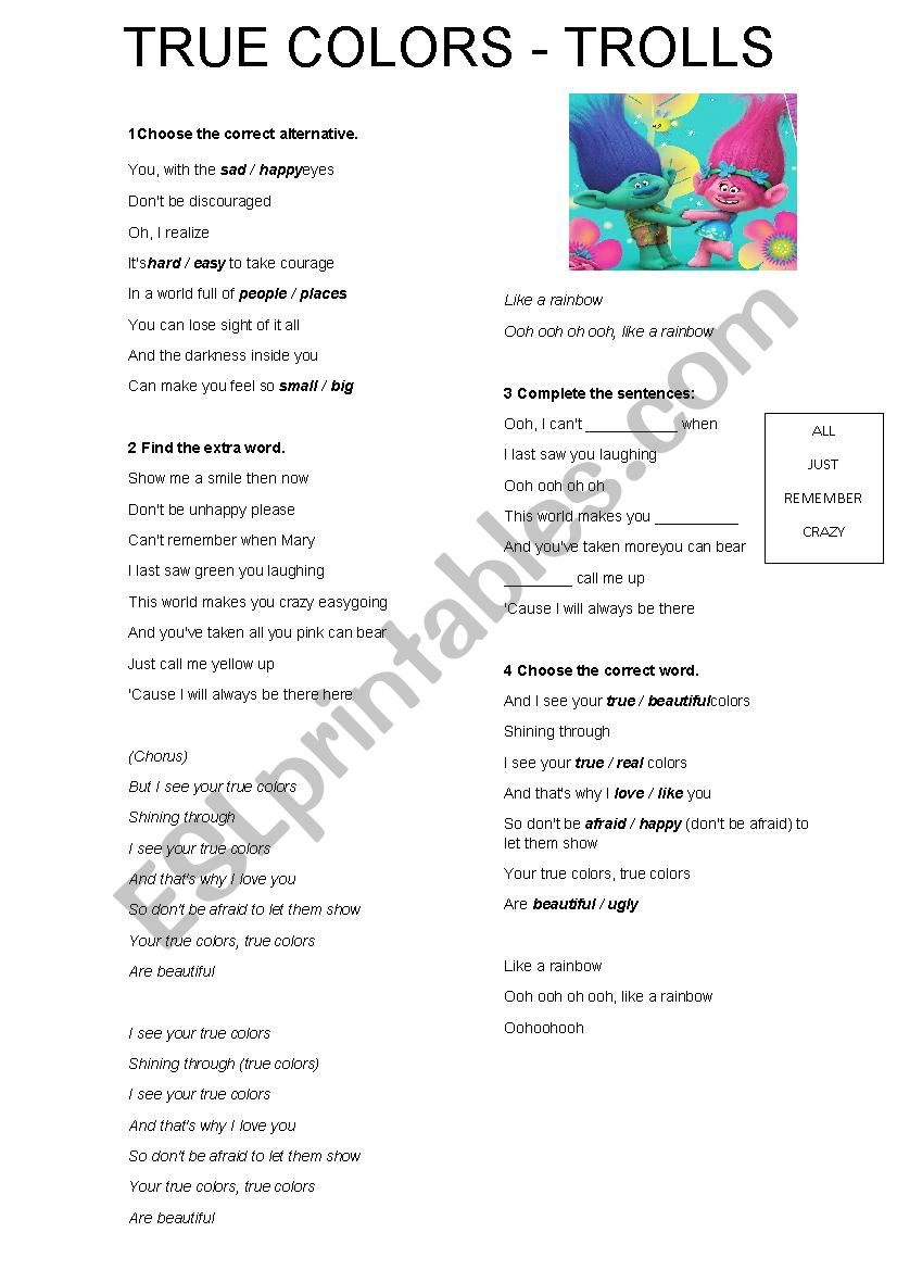 True Collors - Trolls version worksheet