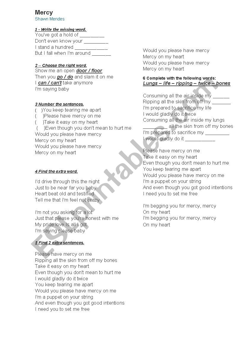 Mercy - Shawn Mendes worksheet