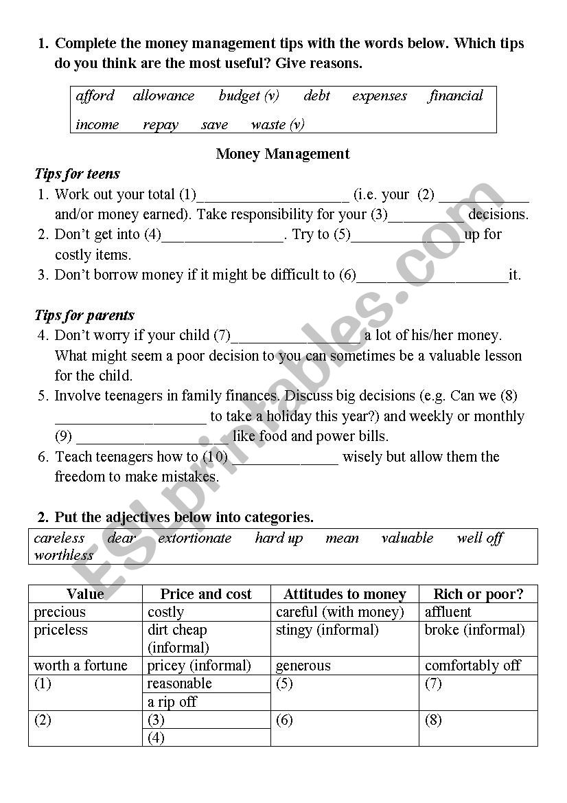 Money related vocabulary exercises