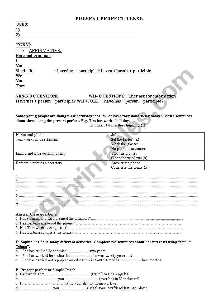 present perfect worksheet