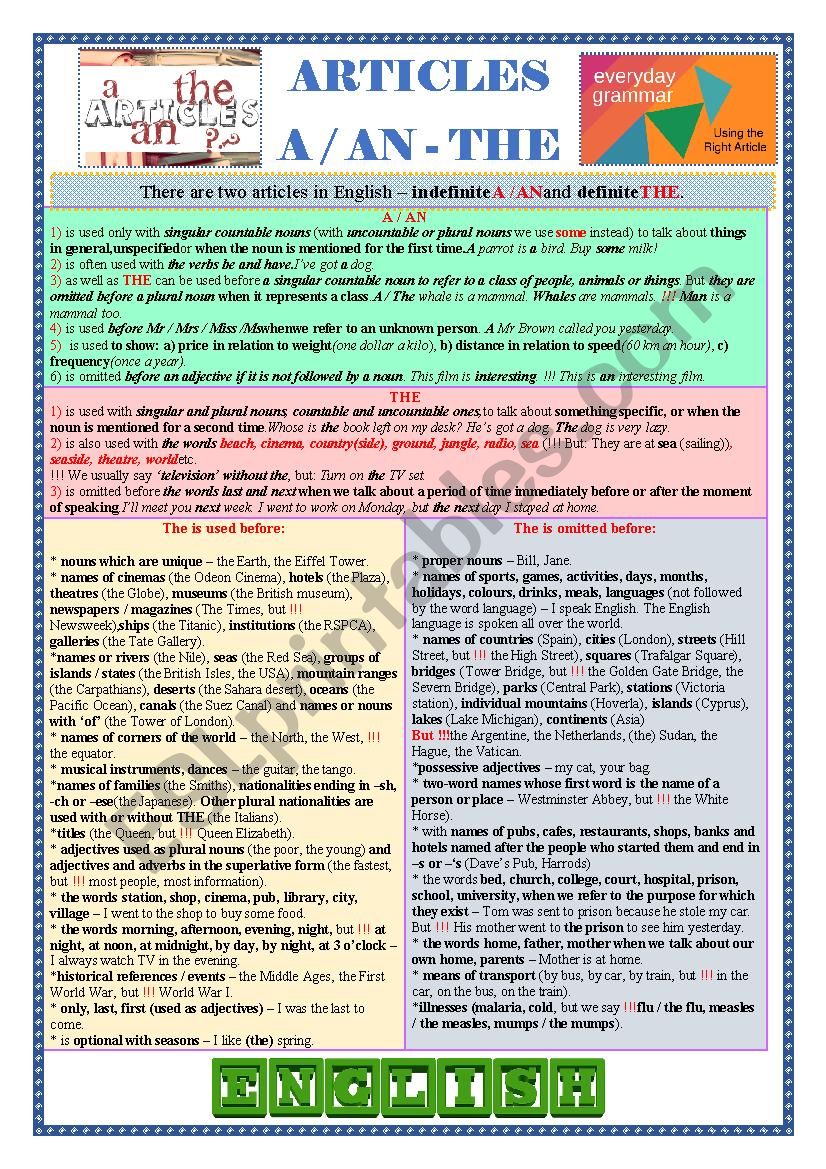 Articles worksheet