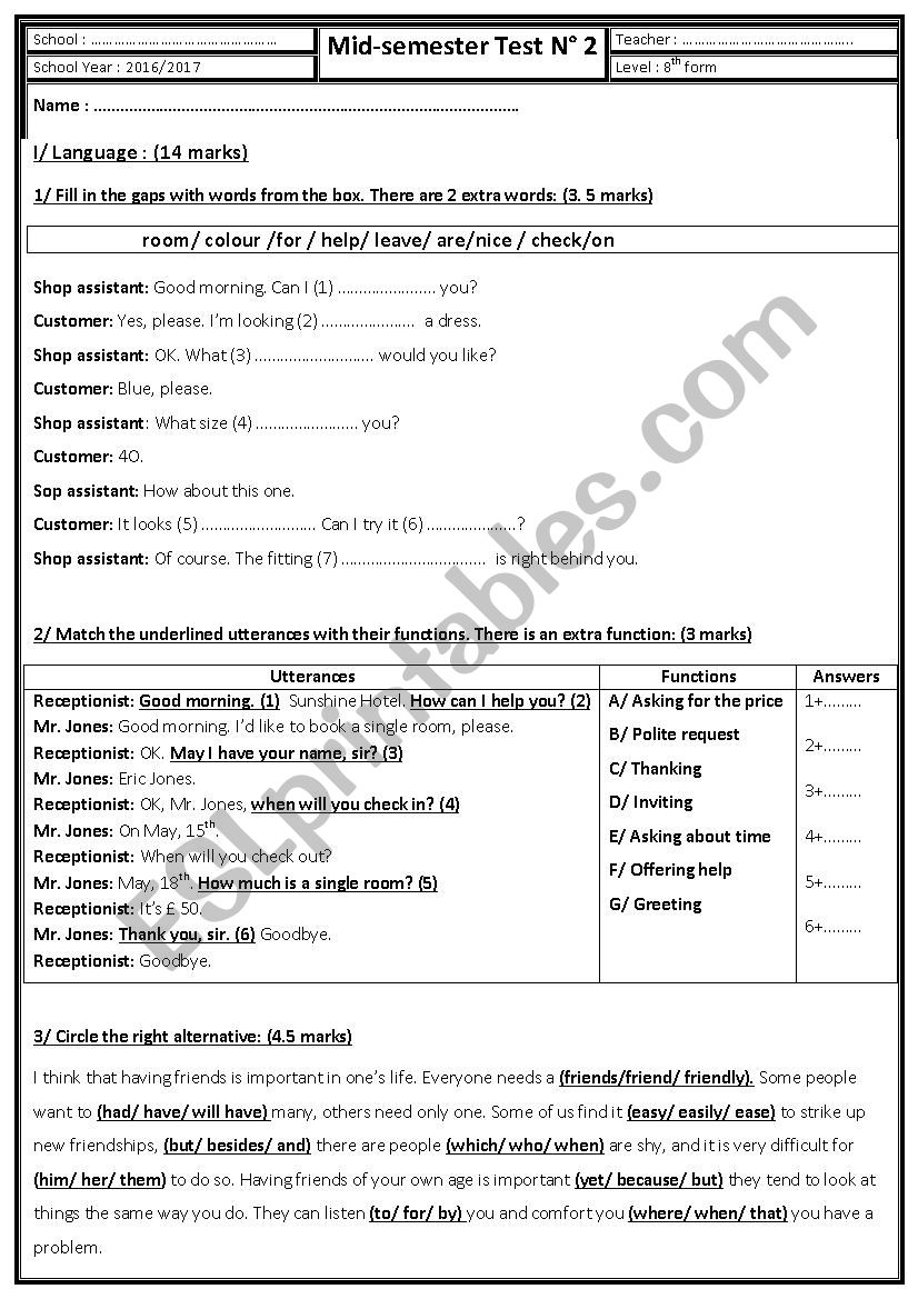 Mid-semester Test 2 (semester 2) 8th form