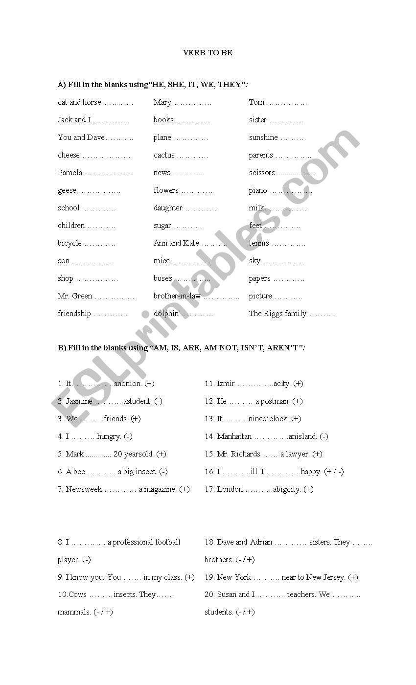 verb to be worksheet