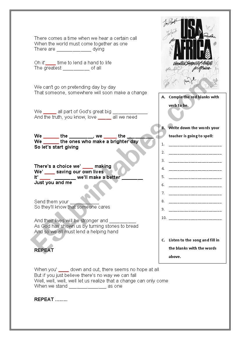 SONG USA FOR AFRICA worksheet