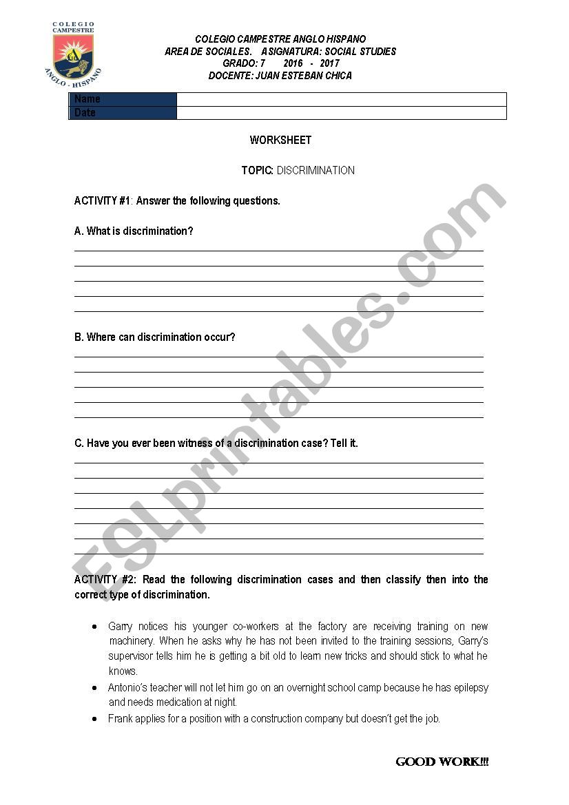 Types of discrimination worksheet