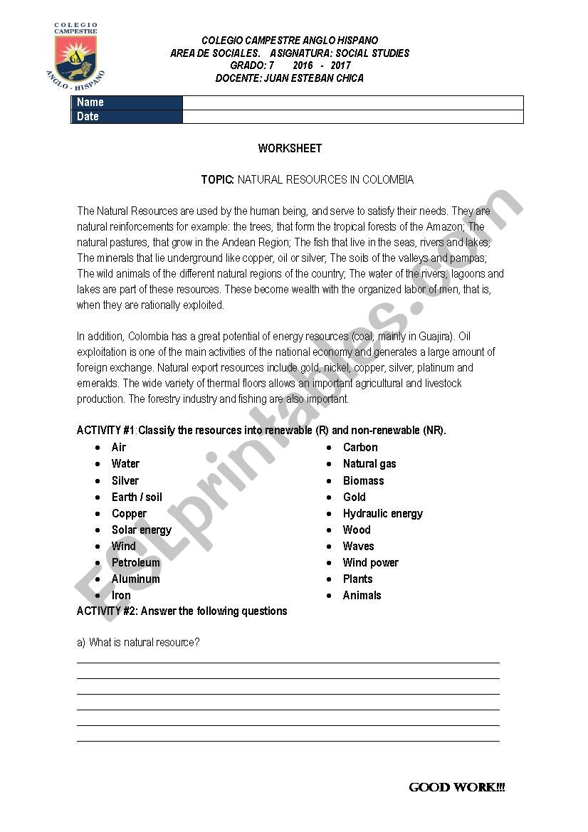 natural resources in colombia worksheet