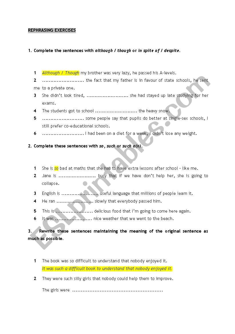 exercises worksheet