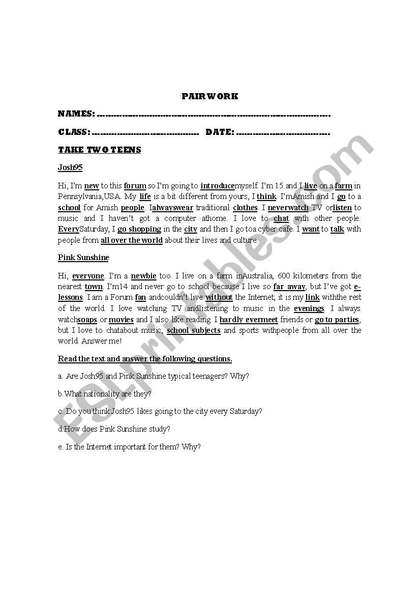 teen life worksheet