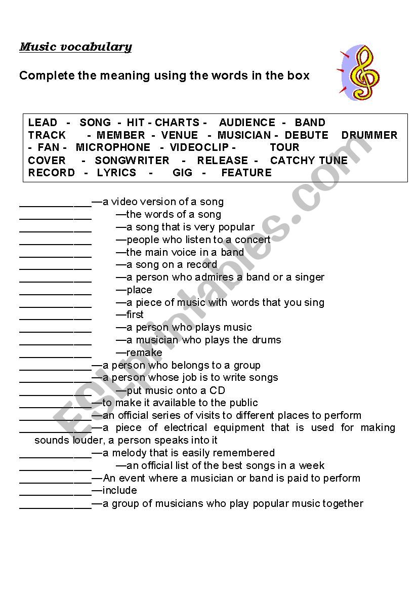 Music vocabulary worksheet