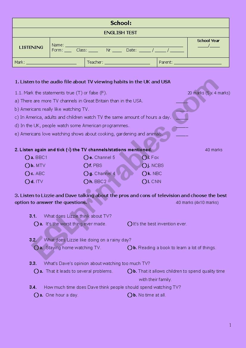 LISTENING TEST - THE MEDIA worksheet