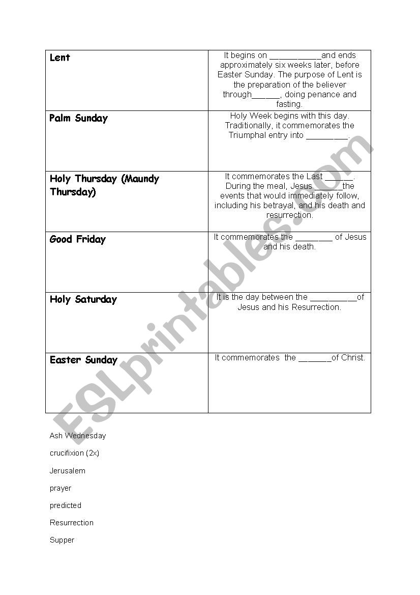 Lent and The Holy Week worksheet