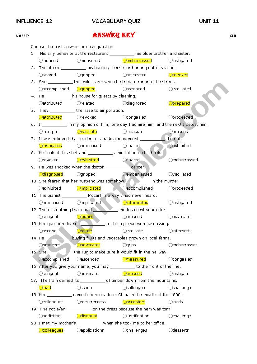 Influence 12 Unit 11 Vocabulary Quiz