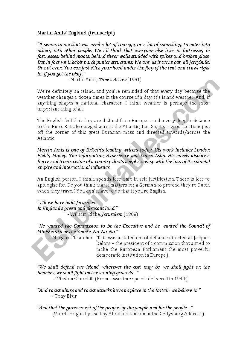 Full transcript for the documentary, Martin Amis England.