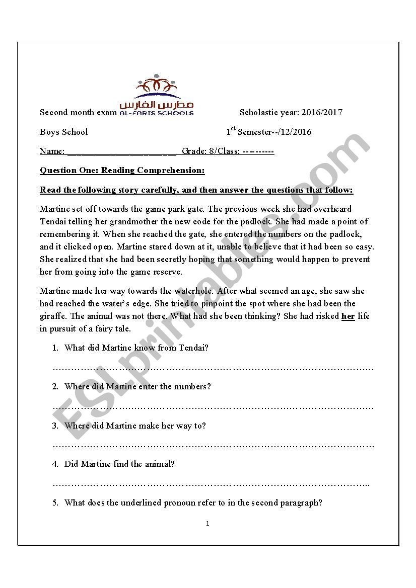 Grade 8 exam worksheet