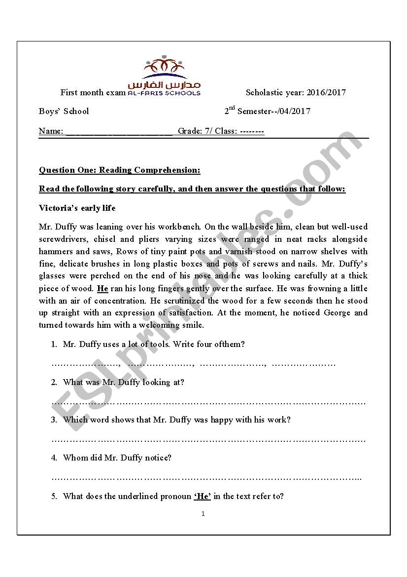 7th grade 1st exam  worksheet