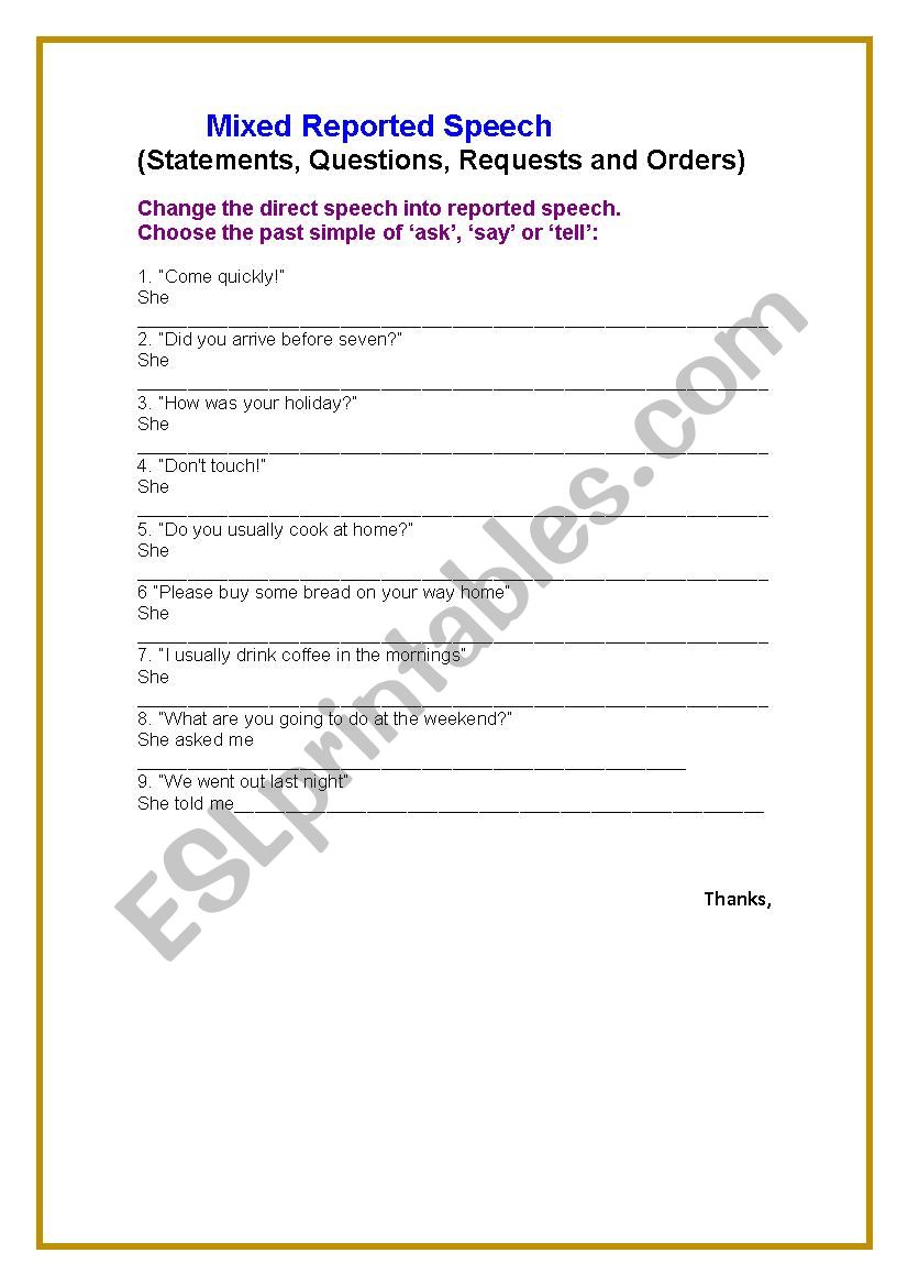 indirect speech  worksheet