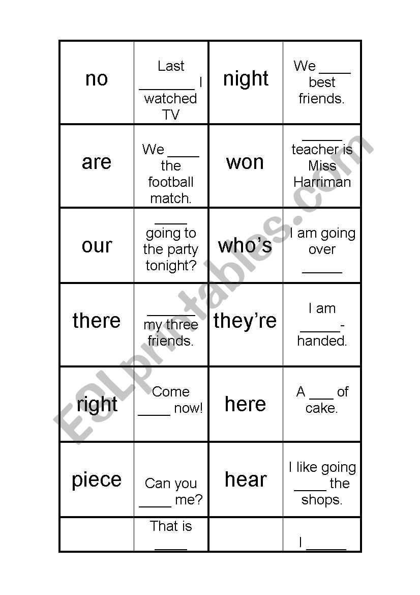 Common Homophone Dominoes worksheet