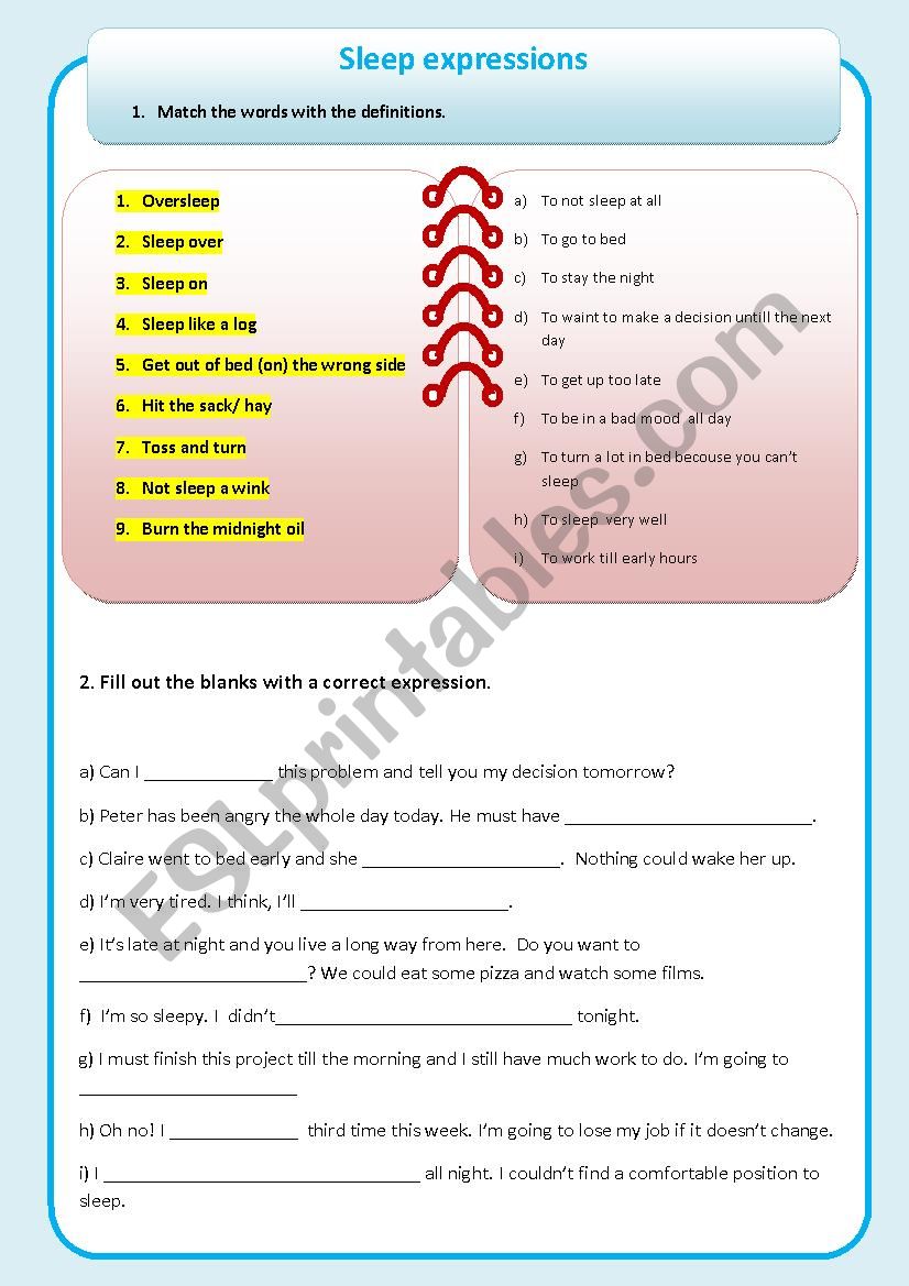 Sleep expressions - exercises worksheet