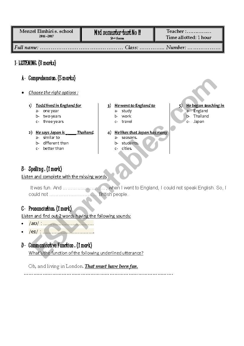 Mid semester test N 2 worksheet