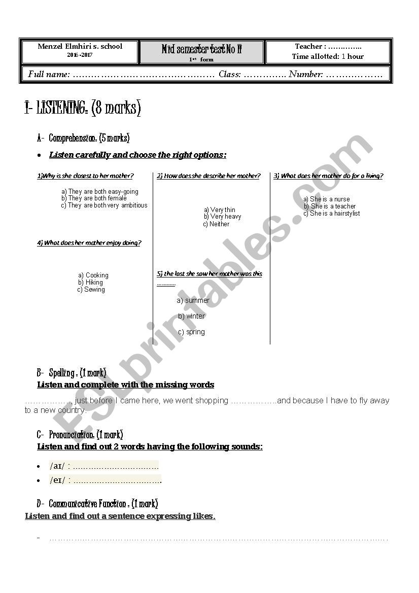 Mid semester test N 2 worksheet