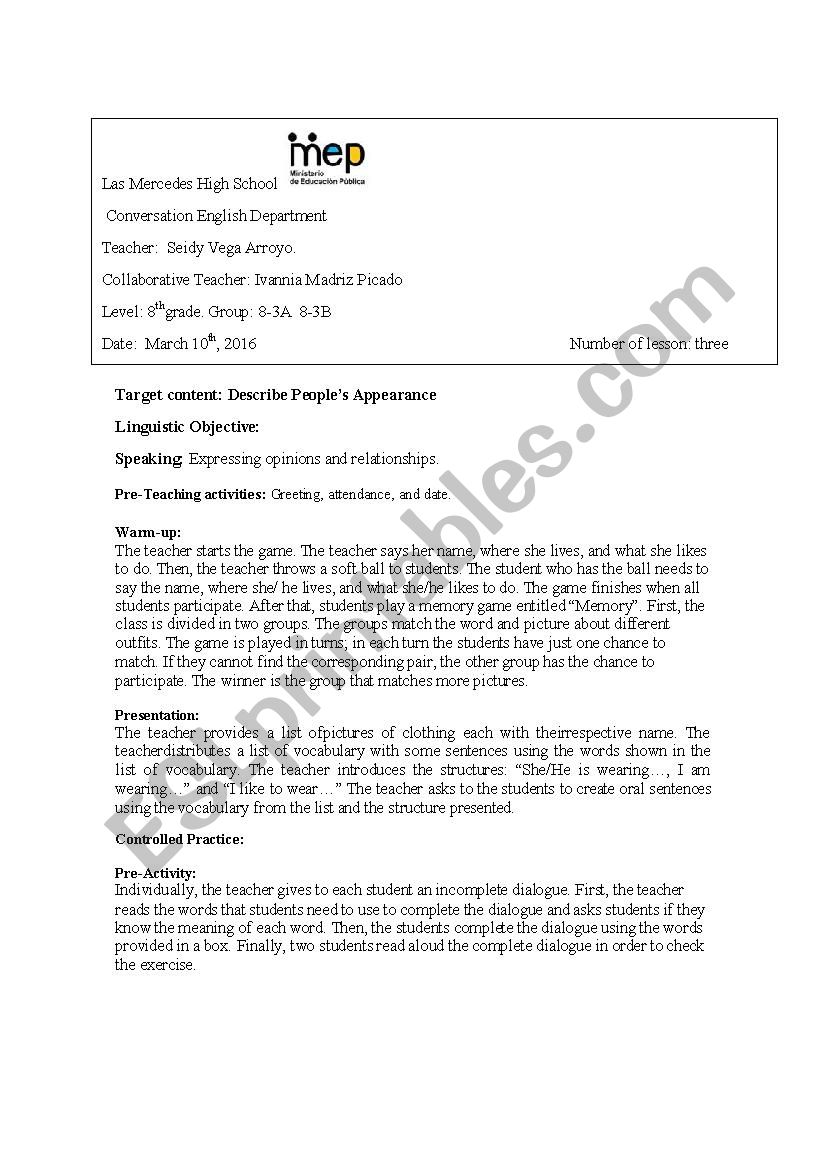 Describe Peopleâ€™s Appearance lesson plan