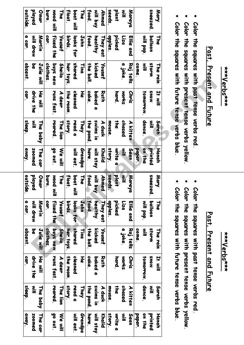 Verbs - Present, Past and Future activity sheet