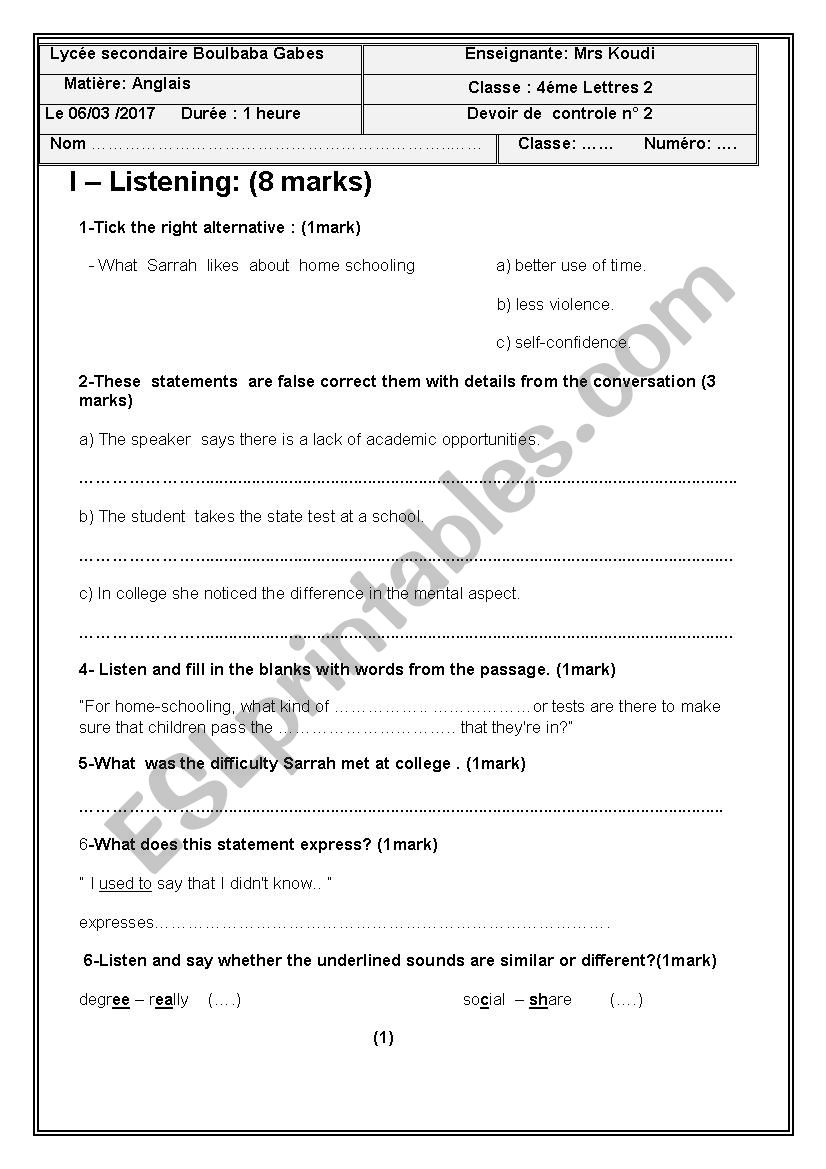 2 nd  mid term test 4th form  worksheet