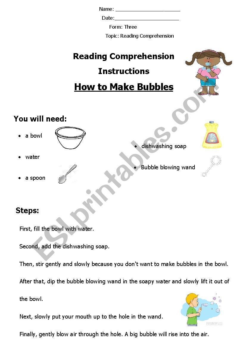Reading Comprehension ´How to Make Bubbles´ ESL worksheet by Eldaowdy