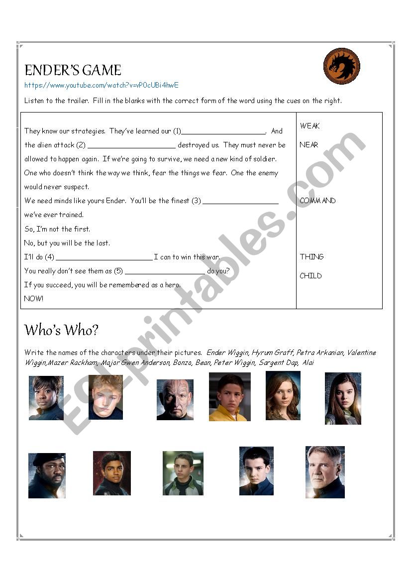 Enders Game 3 Activities worksheet