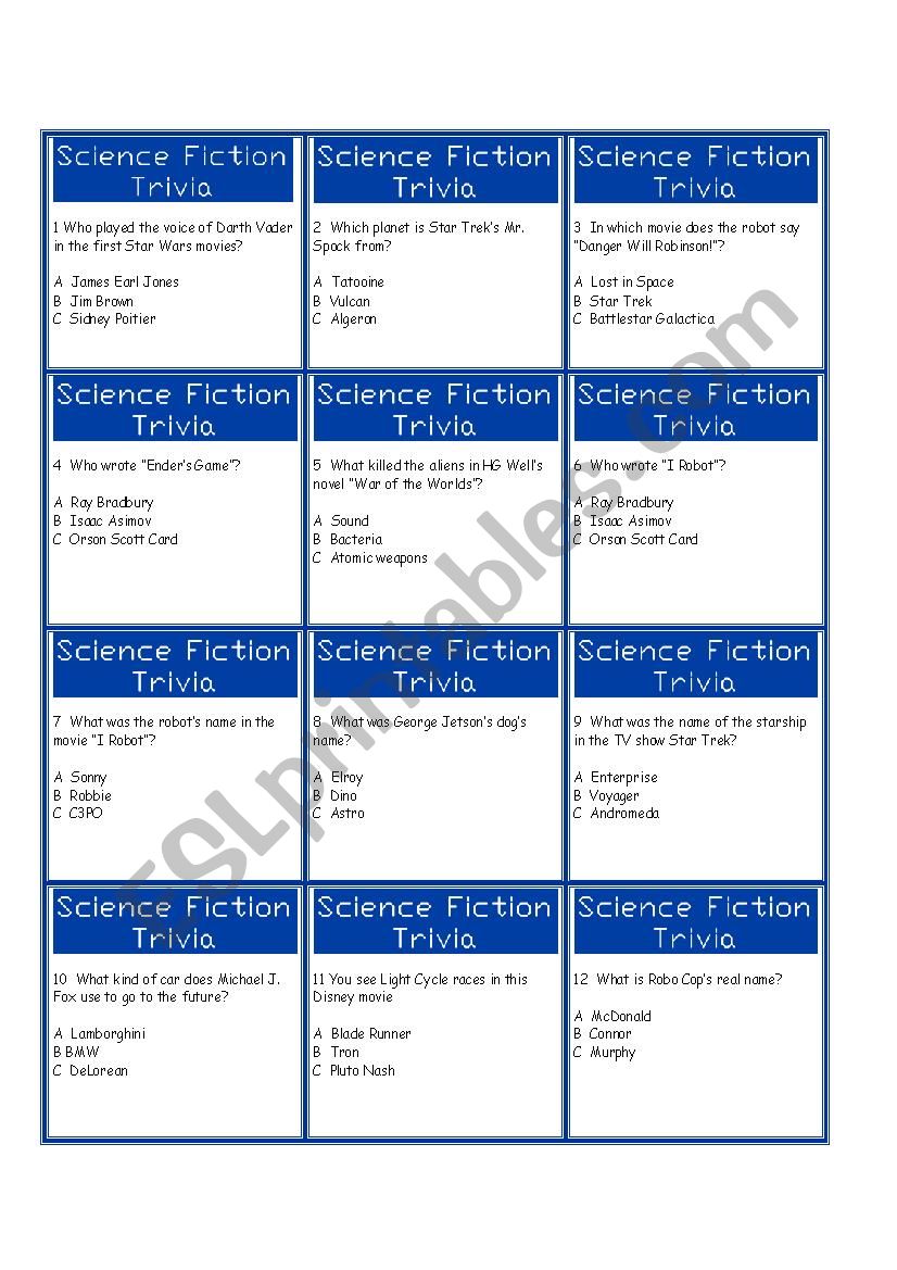 Science Fiction Trivia Game worksheet
