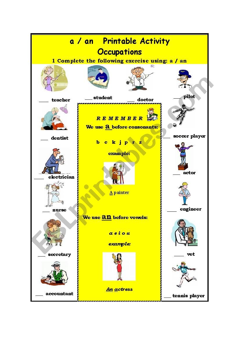 A / AN OCCUPATIONS ACTIVITY worksheet
