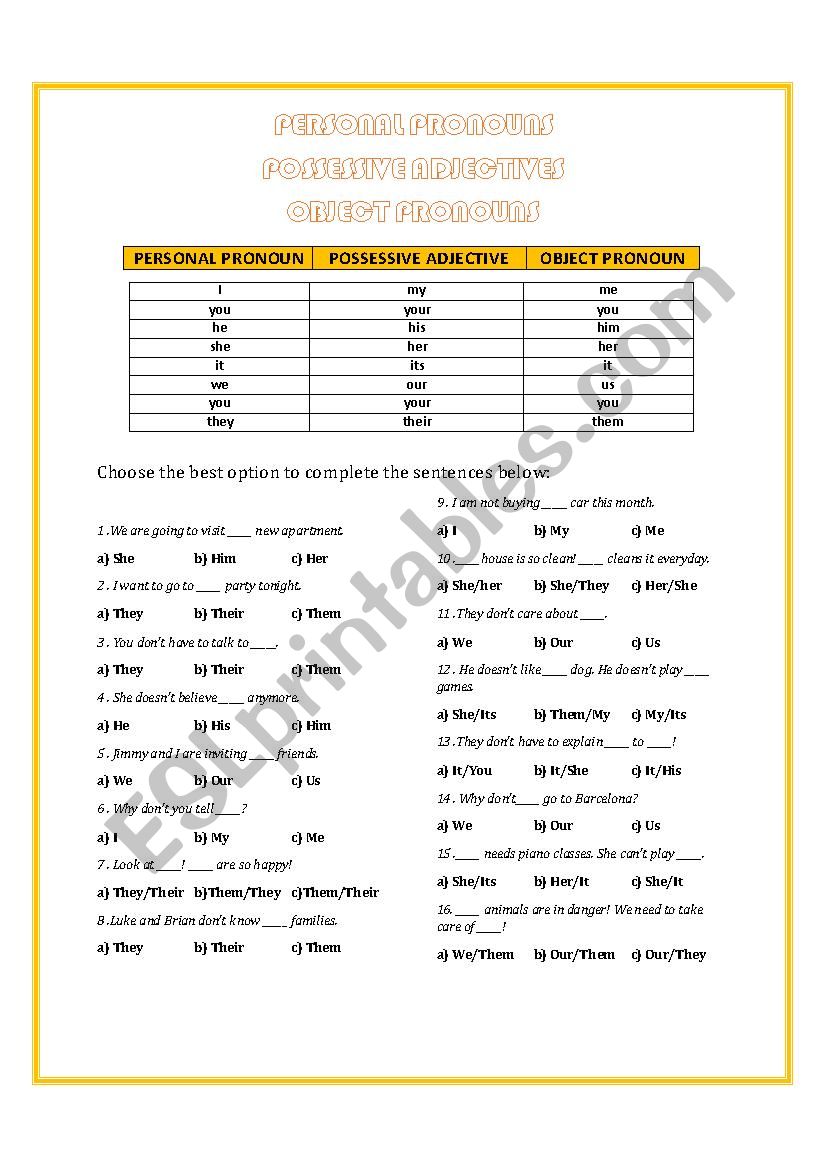 Personal Pronouns, Possessive Adjectives, Object Pronouns