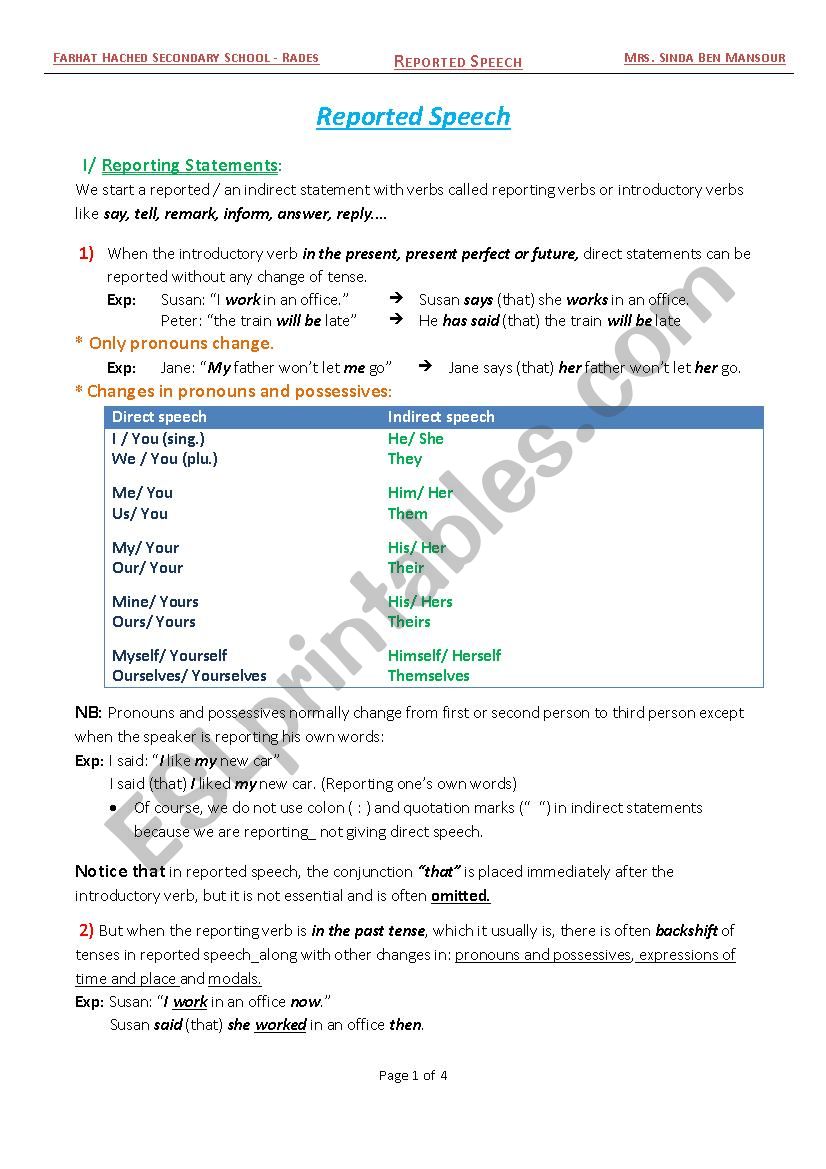 Reported Speech worksheet