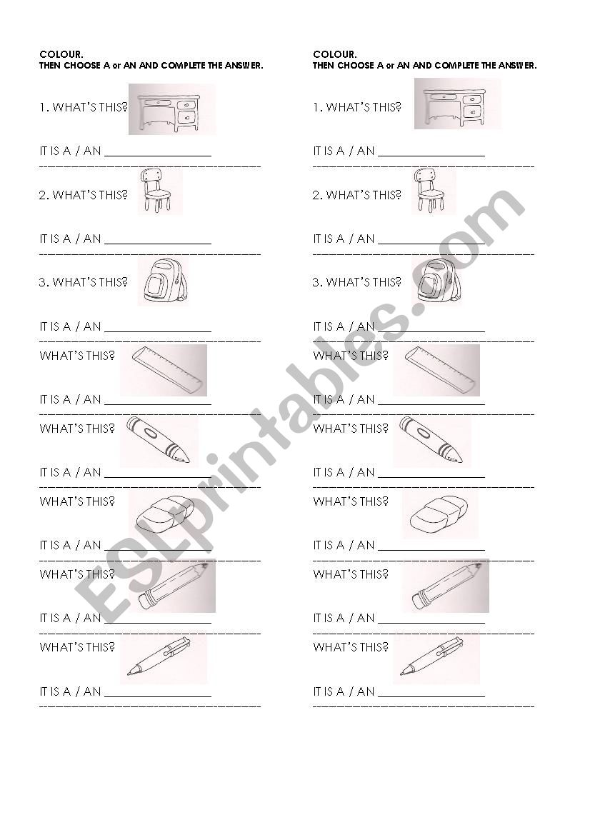 school objects and colours worksheet