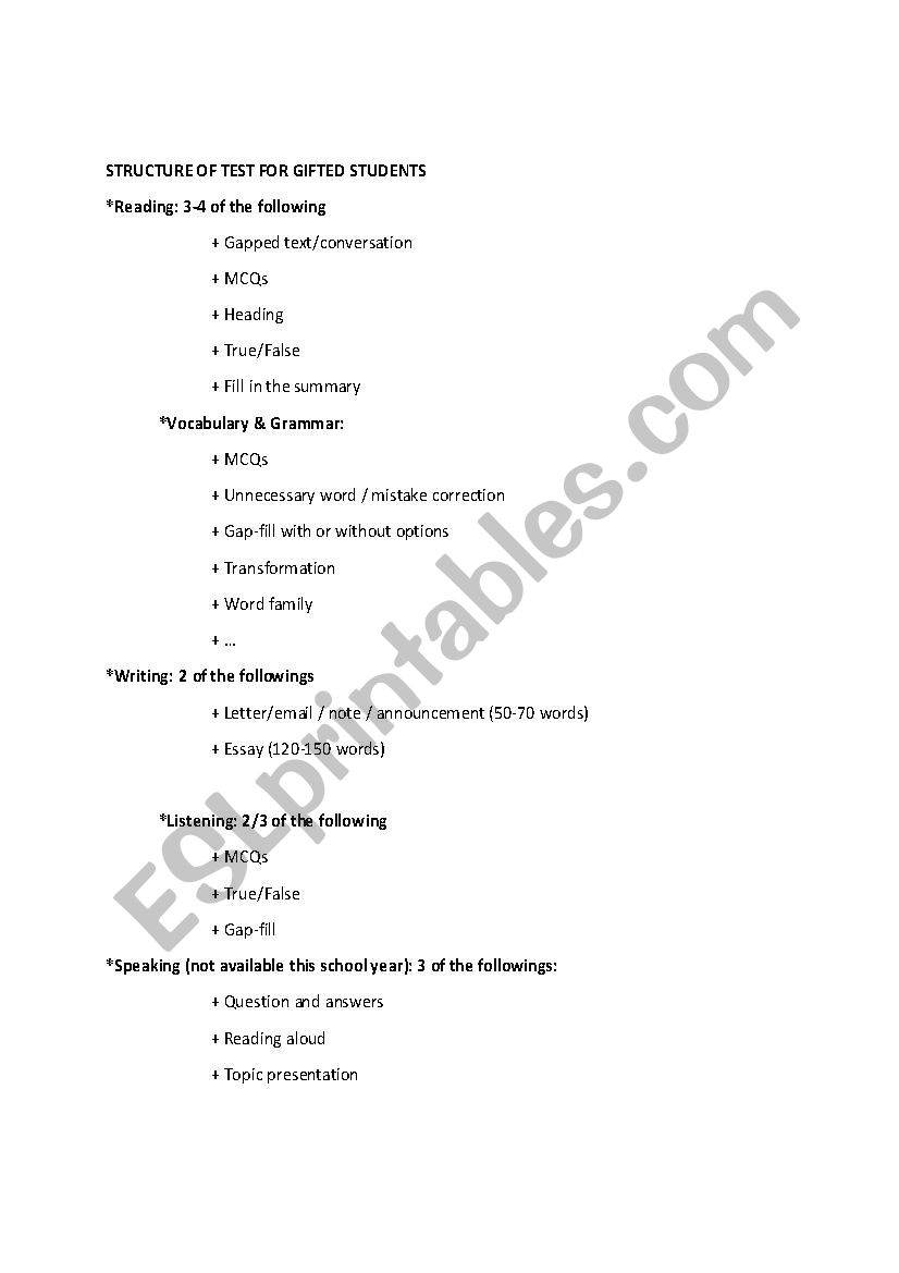 structure of test for advanced students