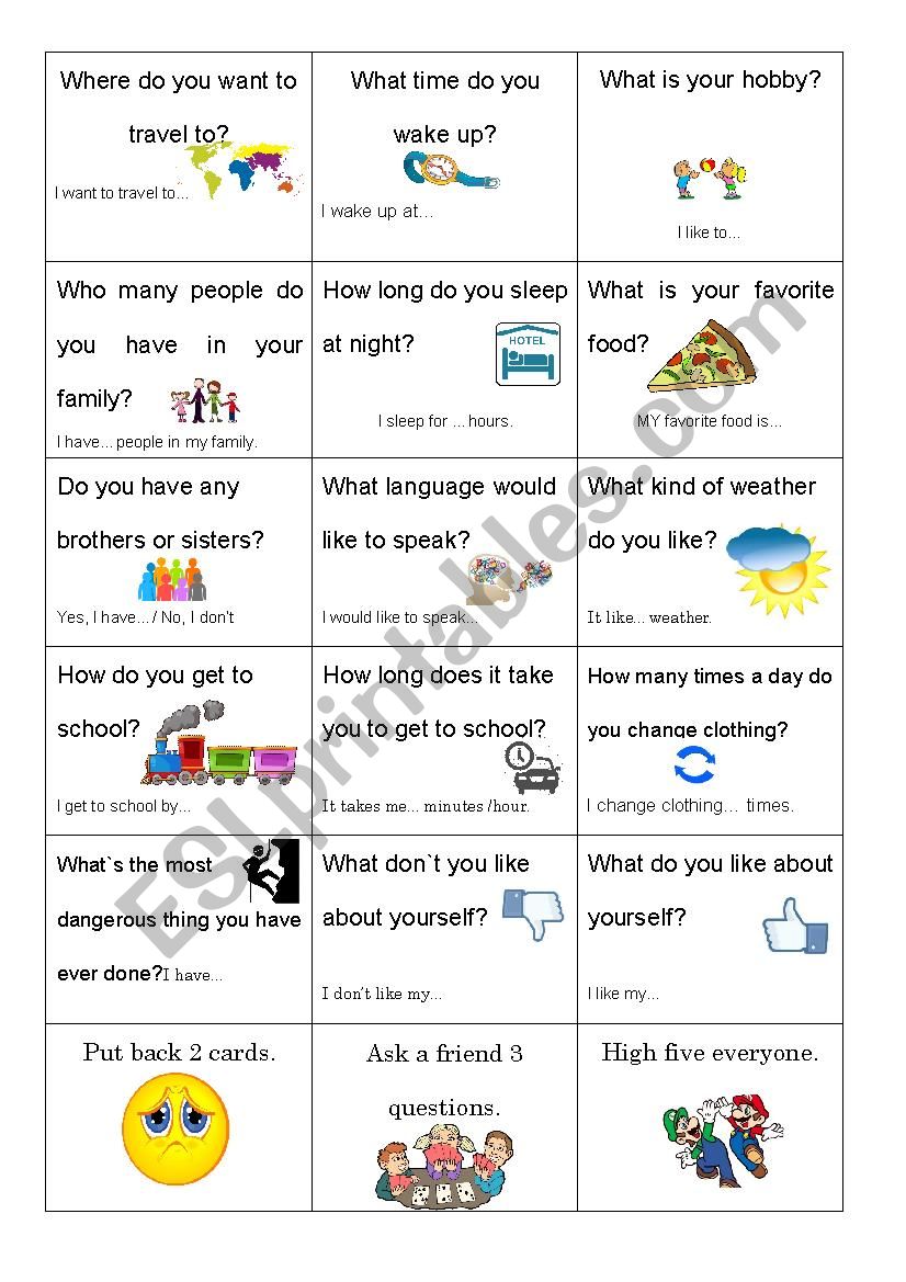 Random question game ECC worksheet