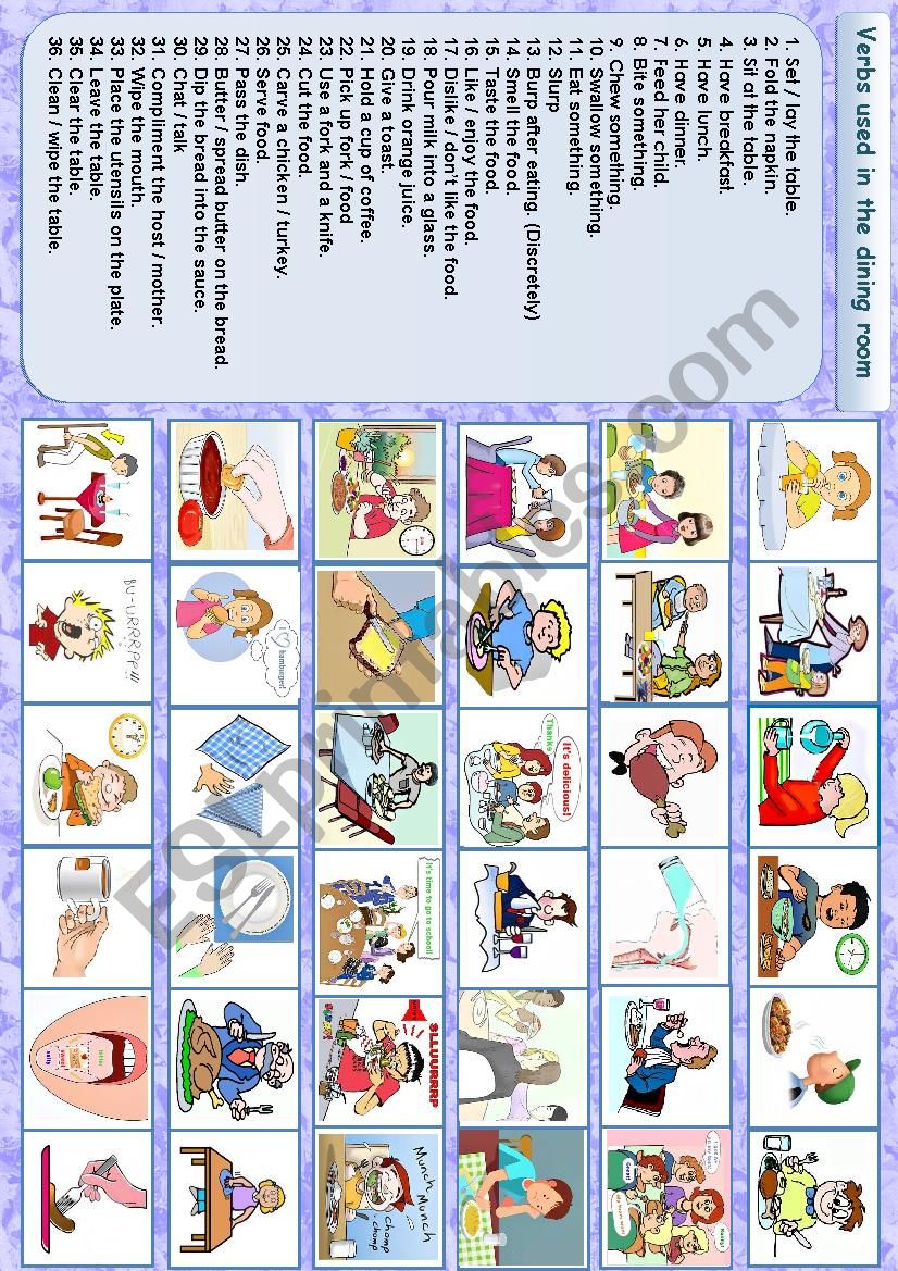 Verbs used in the dining room worksheet