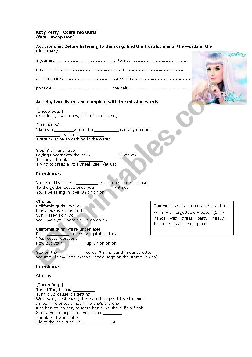 katy perry California girl worksheet