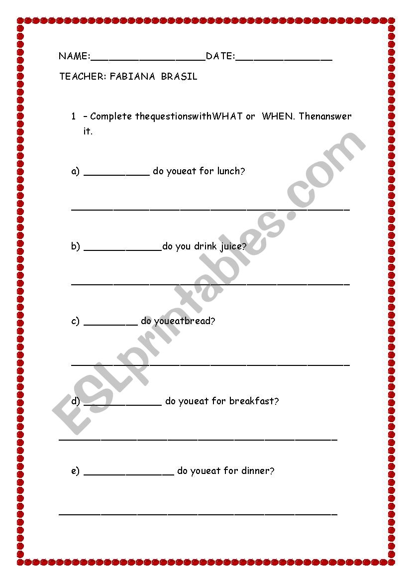 WHAT X WHEN  Food worksheet