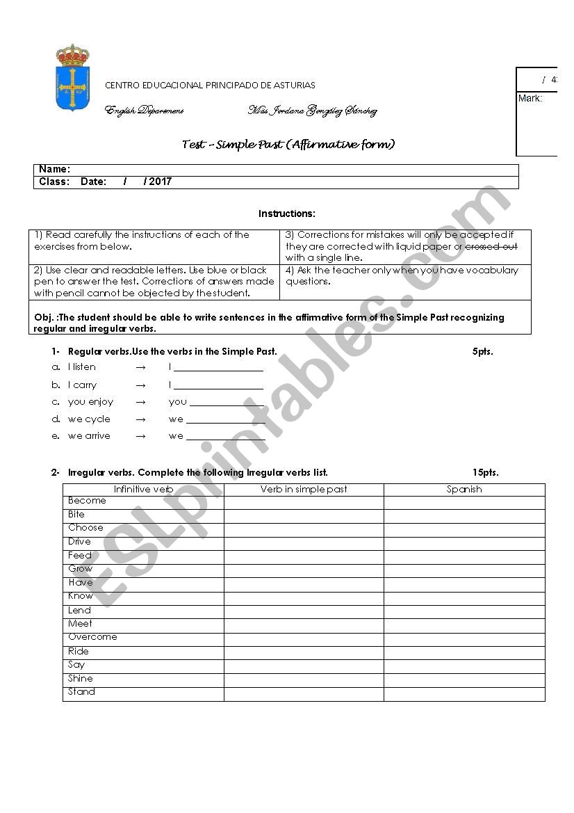 QUIZ AFFIRMATIVE FORM SIMPLE PAST