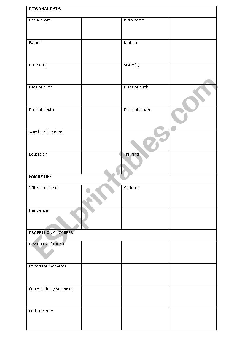 GRID for writing a biography worksheet