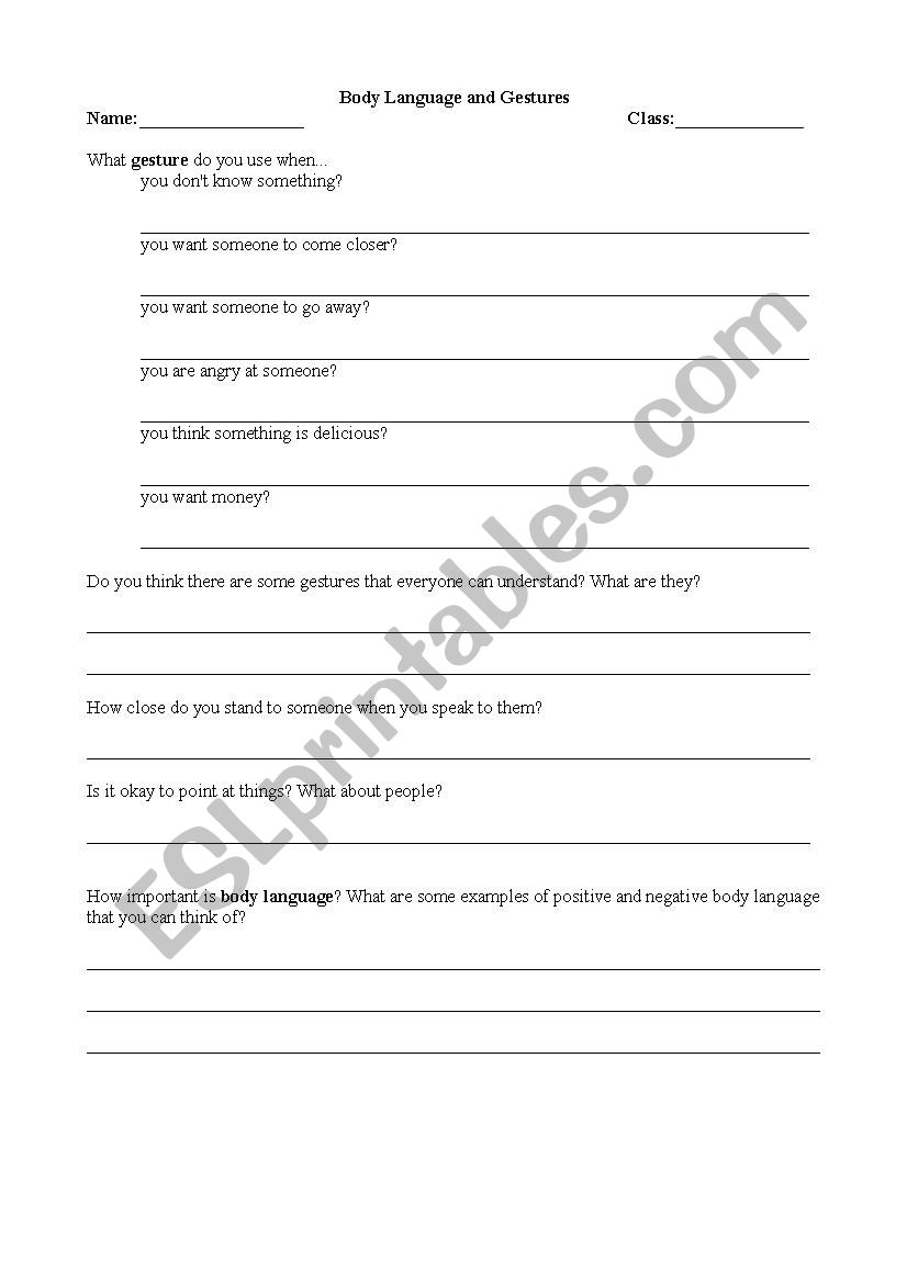 Body Language worksheet