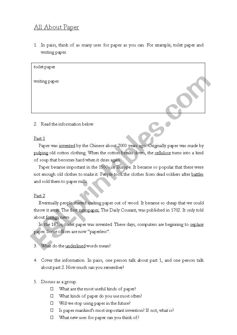 All About Paper worksheet