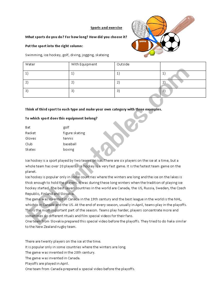 Sports worksheet